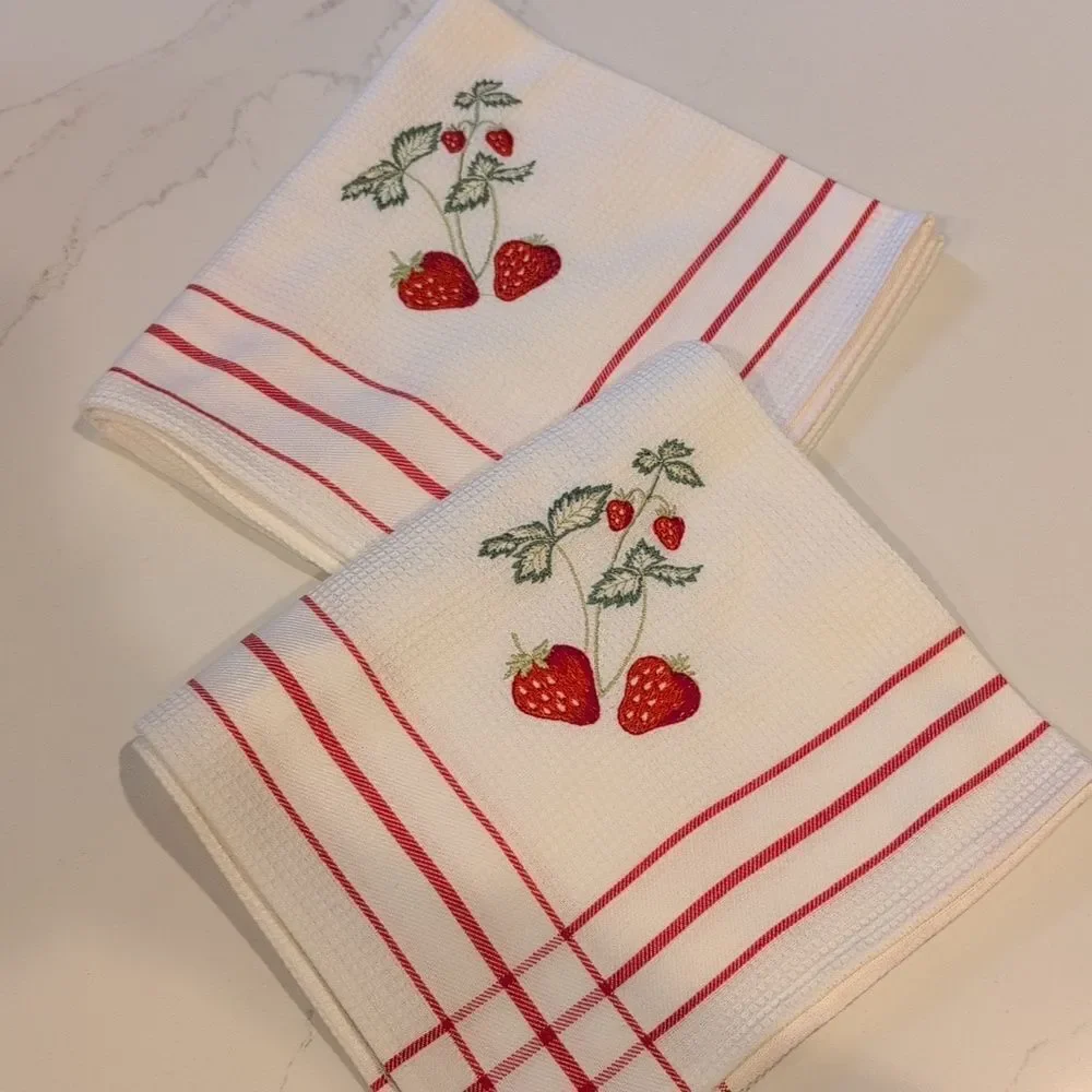 Strawberry Embroidered Cotton Kitchen Towels by Champagne & Eggs Set of 2